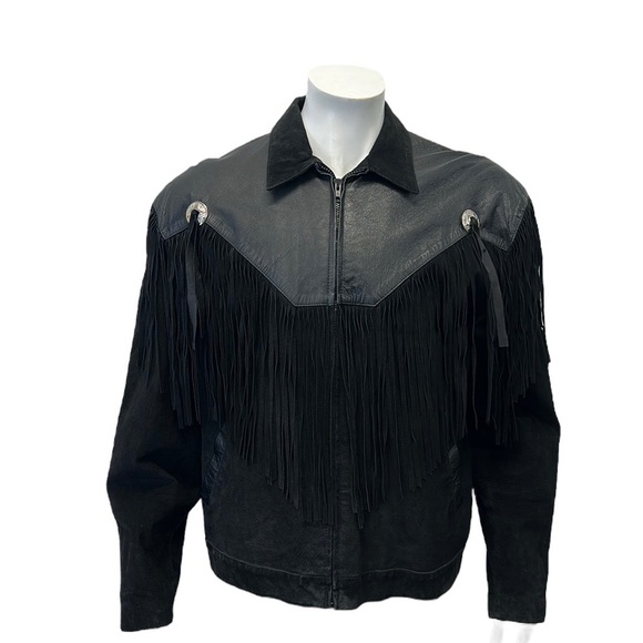 Vintage 80's Scully Black Leather Fringed Western Cowboy Jacket RARE Size 44 - Picture 4 of 14